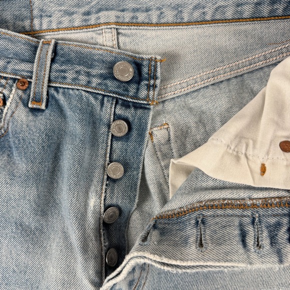 Levi's 501 Jeans Mens 30x34 Blue Straight Leg Button Fly Distressed Light Wash - Picture 3 of 12